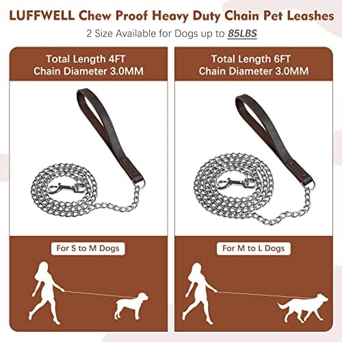 Luffwell Dog Chain Leash com alça de couro genuíno, coleira de cão de metal à prova de mastigas,