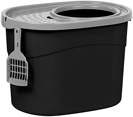 Caixa de areia de gato de entrada superior da íris com colher de lixo de gato, conjunto preto/cinza