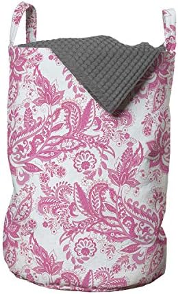 Bolsa de lavanderia de flores de Ambesonne, estampa de padrão de Paisley com tema floral de ornamentos abstratos de folhas de jardim, cesta de cesto com alças fechamento de cordas para lavanderias, 13 x 19, rosa