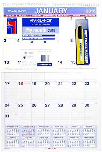 Calendário de parede mensal de 2017, apagável, 15,5 x 22,75 polegadas