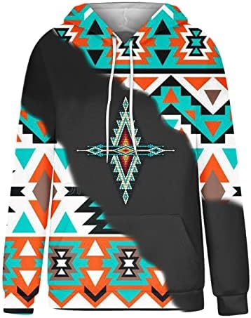 Hoodies astecas femininos, estilo étnico ocidental, estampado geométrico de cordão casual casual com