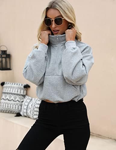 Flygo Womens Crop Half Zip Pullover Workout Big Pocket Pocketshirt Fleece Filed Sweater Tops Tops com buraco