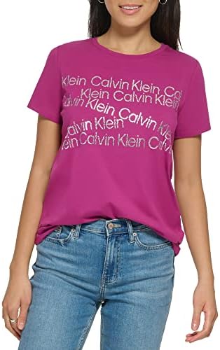 Calvin Klein feminino cotidiano feminino de manga curta Camiseta de algodão de algodão Jersey