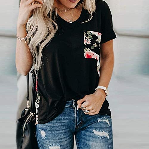 Camiseta sólida feminina com bolsos macios e casuais camisetas top clássico clássico camisetas soltas de manga