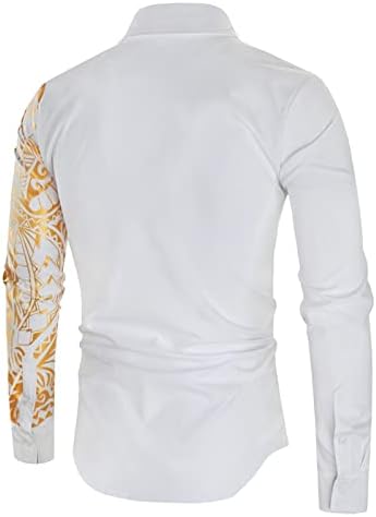 Camisa de vestido de botão de impressão masculina para baixo, camisas douradas de mangas longas e douradas