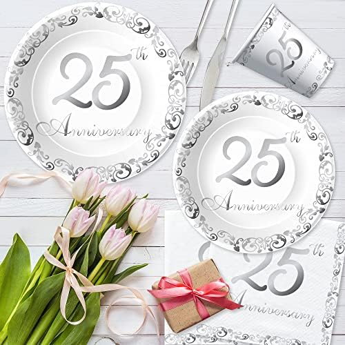 Apowbls 25º aniversário de casamento Placas de casamento e guardanapos de festas de festas Dinnerware - Decorações