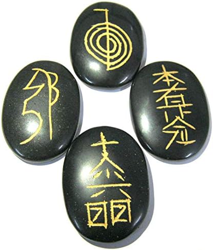 Crystalmiracle exclusivo usui reiki símbolo esculpido preto ágata de quatro pedras conjuntos de bem -estar