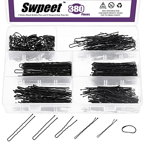 Swpeet 380pcs 2 estilos 1,9 polegadas 2,4 polegadas 2,7 polegadas pinos de cabelo pretos Bobby