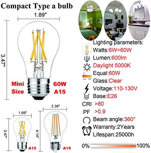 Pacote de lâmpada LED A15 6W = 60W E26 Edison Bulbo Daylight 5000K AC120V e E26 LED BULB 4W = 40W