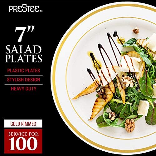 Prestee 200pc Placas plásticas de ouro - 100 pratos e 100 placas de salada, placas de plástico brancas + argamas