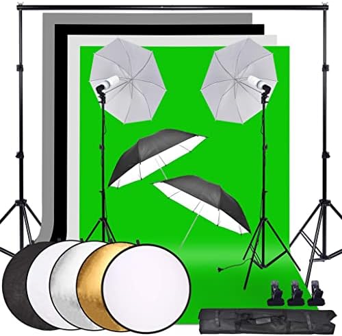 CLGZS Studio Umbrella Foto Iluminação Kit de cenário + 4 cenários + 2 guarda -chuvas + 2 * 135 w lâmpadas + reflexão + suporte de fundo