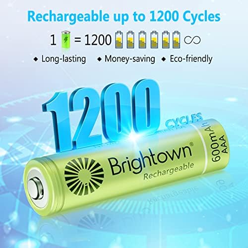 Brightwn 12-Pack Recarregable Baterias AAA, 600mAh NIMH Pré-seccário Triplique as baterias solares para luzes solares e dispositivos domésticos, descarga baixa, até 1200 tempos de ciclo, certificados por UL, 1,2V