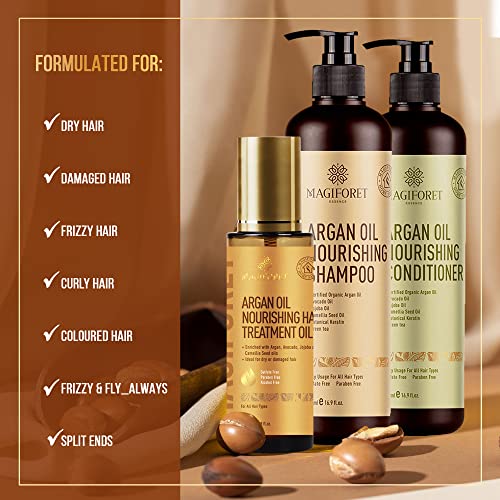 Magiforet Argan Oil Nourish Diário Conjunto de cuidados diários, shampoo 500ml + Condicionador 500ml + soro de cabelo