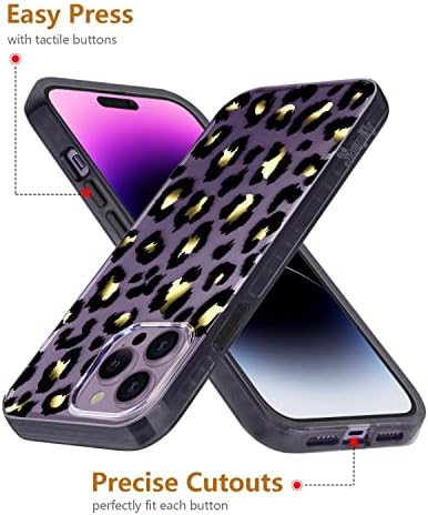 Scorpify iPhone 14 Pro Max Case para design de leopardo preto e dourado, capa de telefone fino e fofa para mulheres, com protetor de tela de vidro temperado+protetor de lente de câmera, presente elegante com detalhes em ouro