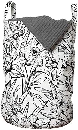 Bolsa de lavanderia floral moderna de Ambesonne, altamente detalhado desenhado como esboço monocromático de flores de narcodil, cesta de cesto com alças fechamento de cordas para lavanderias, 13 x 19, branco e pálido