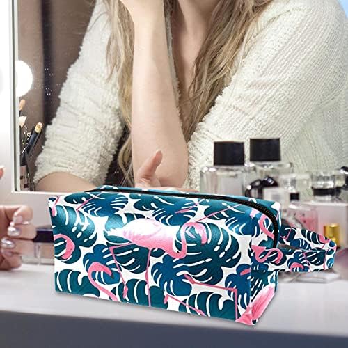 Bolsa de maquiagem de viagem Bolsa de cosméticos elegante para mulheres penduradas de saco de higiene pessoal Flamingos rosa tropical e folhas de Monstera