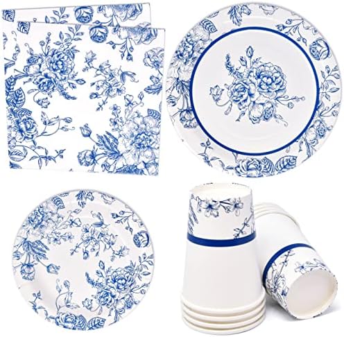 Floral Blue & White Flower Disponicable Tabelware Supplies Party Conjunto 24 9 Placas de jantar 7 Placa