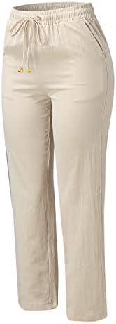 Calças de linho de algodão casual de verão para mulheres calças de perna larga com bolsos calças de