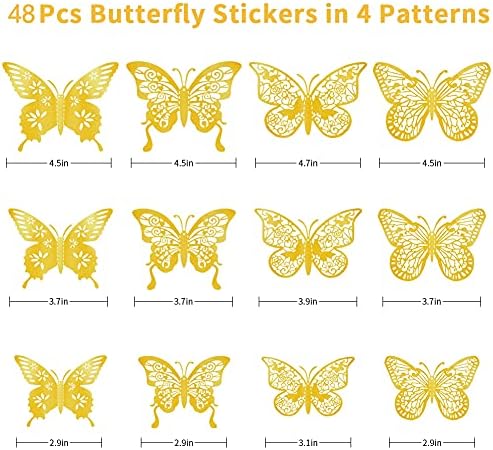 Decoração de parede de borboleta 3d, 48 PCs 4 estilos 3 tamanhos, adesivos de parede de borboleta removíveis