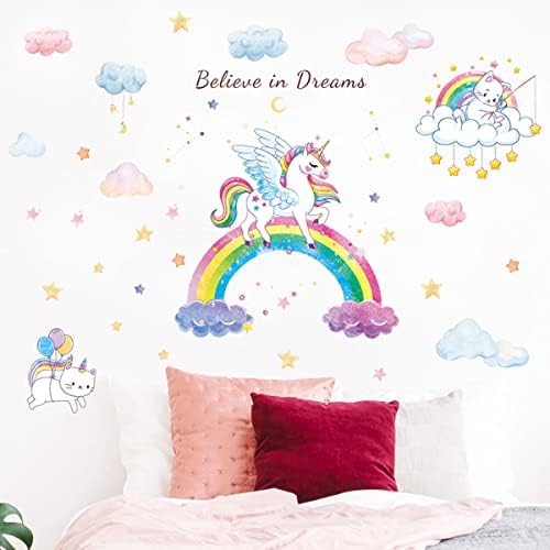 Adesivos de decoração de parede arco -íris decalques de parede de unicórnio Aquarela Rainbow Unicorn Cat Cloud Star Wall Starters para meninos meninos decoração de parede de berçário do quarto