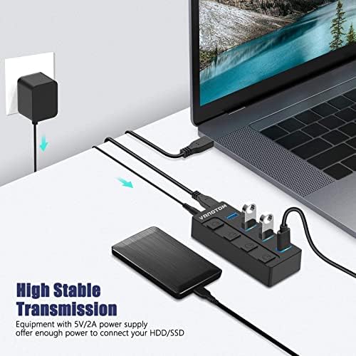 Hub USB elétrico, Vanotom 4-porta USB 3.1/3.2 Gen 2 Hub, divisor USB SuperSpeed ​​até 10 Gbps com adaptador de energia