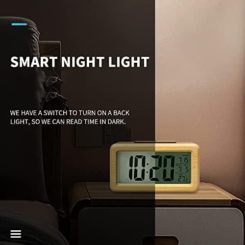 Bateria de despertador digital operado, relógio de madeira LCD digital com luz noturna de sensor inteligente,