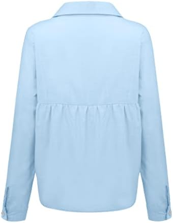 Cojcoihn feminino enrolando botão de manga longa para baixo camisa de linho de algodão Tops de decote em V casual