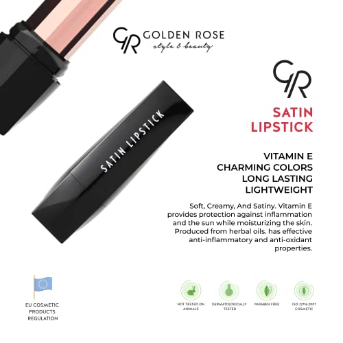 Lipstick de cetim de rosa dourada - vegana, com vitamina E, hidratante, cores encantadoras, longa