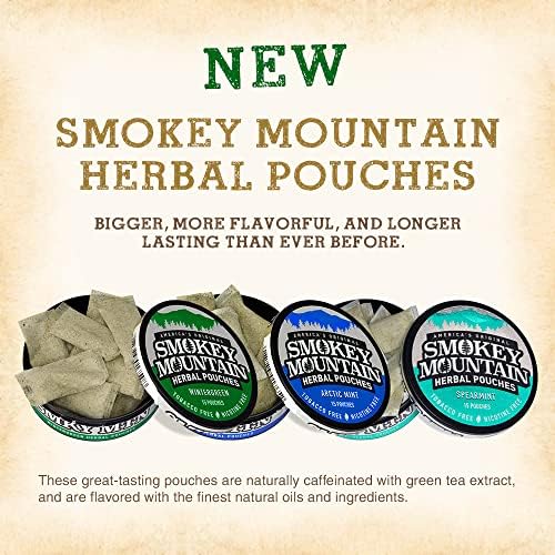 Bolsas cafeinadas de Mountain Smokey - Wintergreen - Tobacco Free e Nicotine Free - 5 lata Box - 15 bolsas