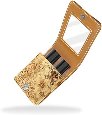 Caixa de batom de viagem do mapa do pirata, mini bolsa cosmética de couro macio com espelho, saco de organizador