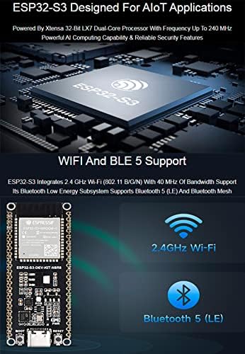 Microcontrolador Esp32-S3, módulo ESP32-S3-WROOW-1-N8R8, 2,4 GHz Wi-Fi Conselho de Desenvolvimento, processador de núcleo dual de 240MHz, 512kb SRAM, 384kb ROM, 8MB PSRAM, 8MB de memória flash, Memória de Arduino-ID-Esp-IdfThon