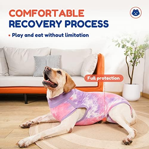 TorJoy de recuperação de cães respirável para homens/fêmeas, Tie Dye Purple Dog Onesie para feridas abdominais,