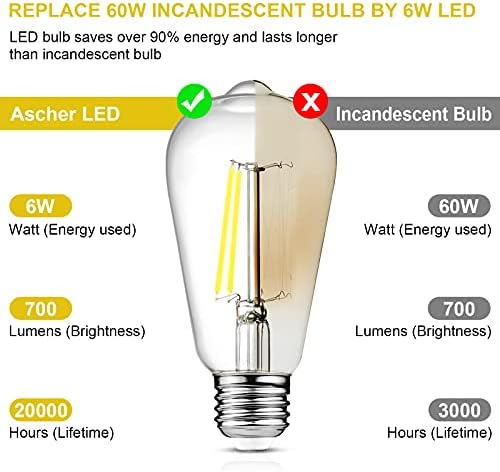 Ascher vintage ledisl lâmpadas Edison, 6W, equivalente 60W, não-minúsculo, luz do dia 5000k, 700lumens, bulbos