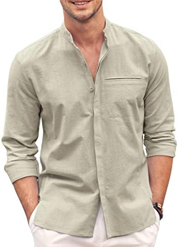 Coofandy masculina camisa de linho de algodão de manga comprida botão para baixo camisa colar de colarinho