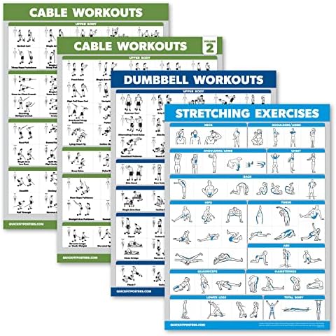 4 pacote - Pôsteres de treino da máquina a cabo Volume 1 e 2 + Exercícios de halteres + Exercícios de alongamento