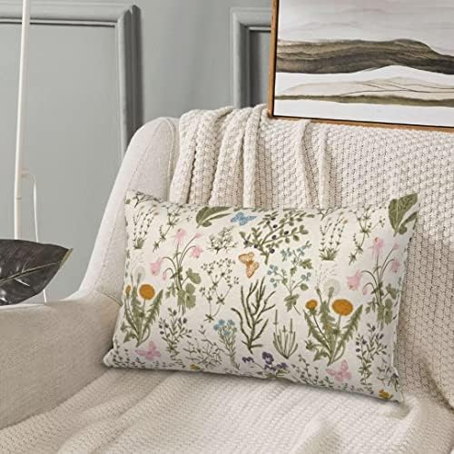 Capas de travesseiros de primavera betginatos 12x20 Conjunto de 2, Sage Green Green Wildflower Decorativo Capas de travesseiros de folhas florais Caso de almofada de linho de fazenda floral para sofá de sofá
