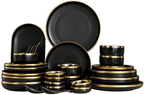 TJLSS Gilt Blim Black Porcelain Dinner Plate Set Plate Kitchen Plate Cerâmica Louperes de mesa Prisões