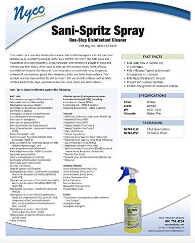 NYCO SANI -SPRITZ Spray - 32 onças RTU Garrafas de spray - Caso de 12 - Desinfetante - Limpador - Mulador - Desodorizador - Limpador de desinfetante de uma etapa
