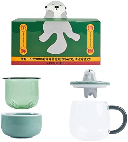 Copo de chá de lontra marítima com bandeja de infusser e tampa, caneca de chá de animal perfeita para