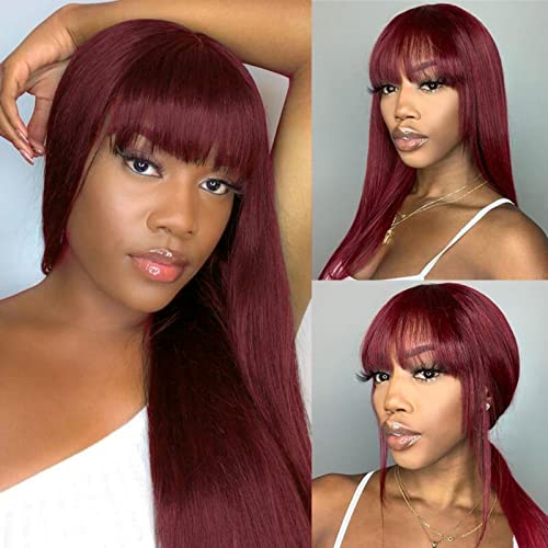 Perucas de cabelo humano reto com franja cabelos virgens brasileiras longa peruca vermelha 99j cabelos