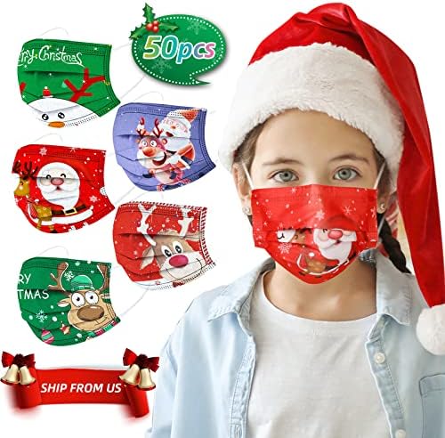 50pcs de natal descartável face_mask para crianças, 3 dobras de boca respirável para meninos meninas, desenho