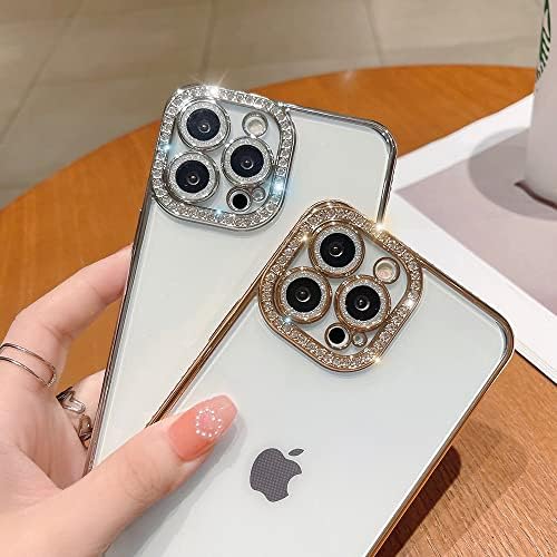 Caixa de telefone transparente de Fycyko para iPhone 14 Pro Max com protetor de câmera completa de diamante glitter, capa fofa à prova de choque de cristal Bling para iPhone 14 Pro Max 6.7 ''-ouro