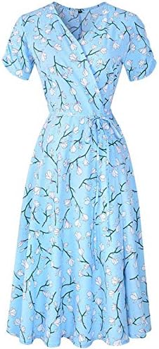 Vestidos de chá femininos BMISEGM embrulham o ajuste de verão e flare casual A-line curto V pescoço Flowy Floral Manga curta Cingida vestido com cinto