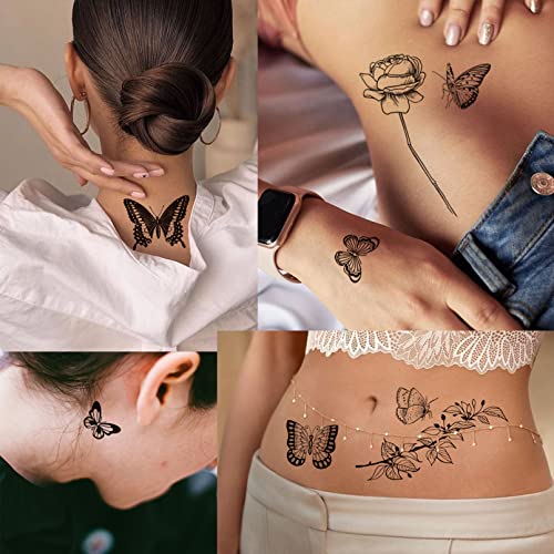 Coszeos 91pcs grandes tatuagens temporárias de borboleta preta para mulheres meninas, 6 filhetes Flor Flor Rosa Borboletas Asas de adultos realistas Tattoo adesivos Arte à prova d'água para FACE