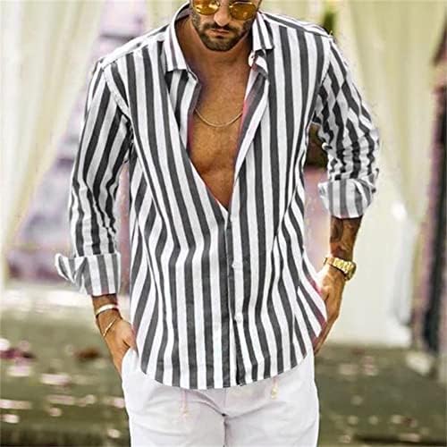 Maiyifu-gj Men Button listrado casual camisetas de manga comprida camisa de praia fit