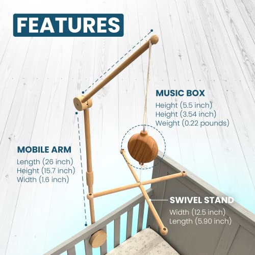 Baby Mobile para Conjunto de Berço X3, 1 braço móvel em madeira de faia, 1 suporte rotativo para pendurar uma variedade de acessórios, 1 caixa musical com 35 melodias diferentes músicas