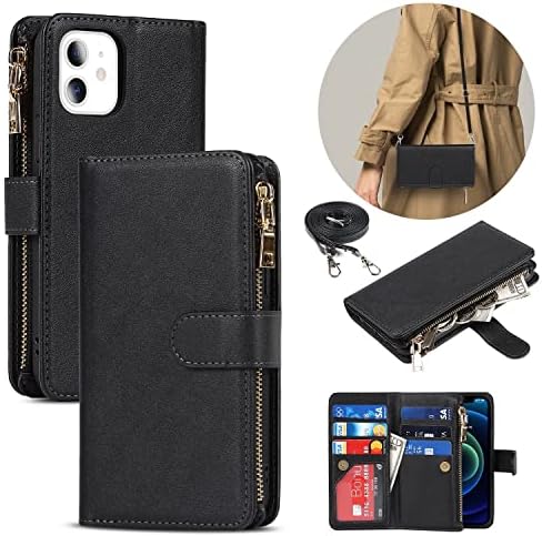 ICOvercase para iPhone 12 Mini Wallet Case com suporte de cartão e cordão de crossbody ajustável,