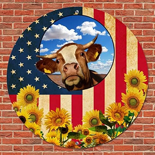 Bandeira dos EUA com bandeira engraçada na fazenda Blue Sky Barn Girassóis redonda de metal sinal de lata