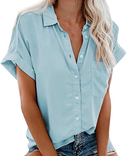 Button de verão feminino camisetas de manga curta Trabalho de ônibus máscara em blusas v pescoço solto de