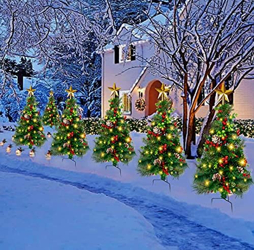 33 polegadas de árvore artificial de Natal ao ar livre pequenas árvores de Natal pré-iluminadas com luzes fora do caminho das árvores de Natal com ornamentos para sepultura, natal, entrada, folga